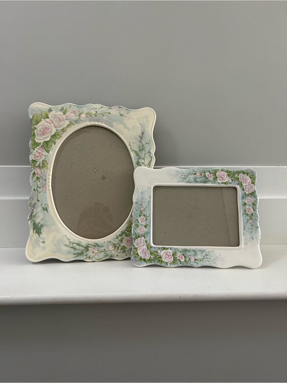 Vintage Ceramic Floral Picture Frame Duo in Pink and Cream